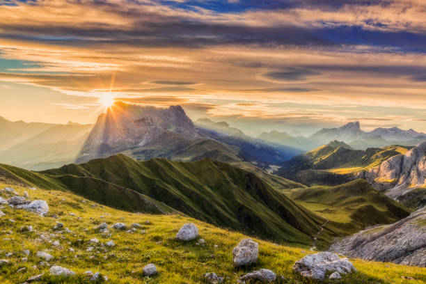 Sunrise at Sassolungo or Langkofel Mountain Group, Dolomites, Trentino, Alto Adige Dolomites, European Alps, Langkofel, Mountain, Mountain Range Part of a mountain hike stock pictures, royalty-free photos & images